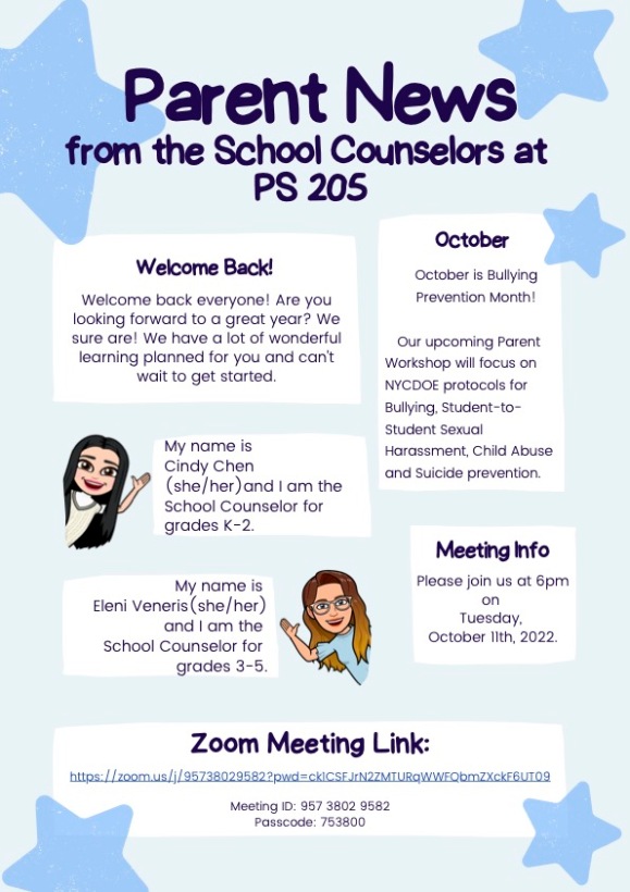 Light blue flyer with dark blue stars and cartoon pictures of the School Counselors announcing a zoom meeting for October 11